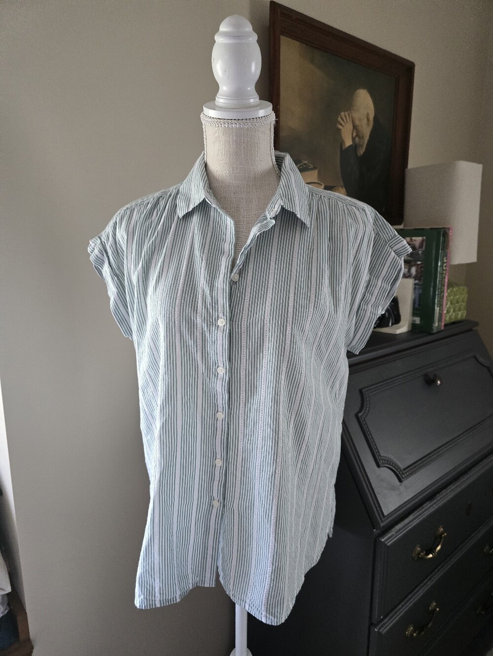 LOFT size M Green White Striped 100% Cotton High Low Button Front Short Slv Top
